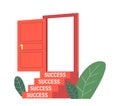 Open Door to Success, Flung Open Red Doorway with Stairs Isolated on White Background. Symbol of Finance Freedom Royalty Free Stock Photo