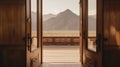 Open door with view of mountain range in background, 3d render Royalty Free Stock Photo