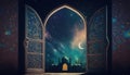 an open door with a view of a night sky and stars and a mosque with a crescent moon in the distance and a crescent moon in the