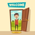 Open door. Welcome. Cartoon vector illustration