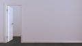 Open door on white wall, mock up with copy space. Empty room with parquet floor in dark tones. Minimalist interior design Royalty Free Stock Photo