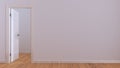 Open door on white wall, mock up with copy space. Empty room with parquet floor. Minimalist interior design Royalty Free Stock Photo