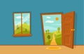 Open door and window cartoon colorful vector illustration with valley summer sun landscape Royalty Free Stock Photo