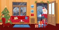 Open door and window overlooking the snow-covered trees. Christmas tree, gifts in boxes and red furniture sofa inside. Santa Claus