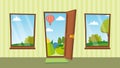 Opened Door And Windows Vector. Cartoon Flat Summer Landscape. Home Interior. Front View. Freedom Concept. Royalty Free Stock Photo