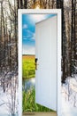 Open door and a winter forest Royalty Free Stock Photo