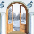 Open door and a winter forest Royalty Free Stock Photo