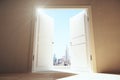 Open doors from empty room to megapolis city with skyscrapers Royalty Free Stock Photo