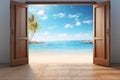 Open doors leading to a tropical beach paradise with clear water. Concept of escape, vacation, peaceful retreats