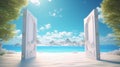 Open doors leading to a tropical beach paradise. Concept of escape, vacation, peaceful retreats, heavenly shorelines