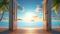 Open doors leading to tropical beach paradise. Concept of escape, vacation, peaceful retreats, heavenly shorelines