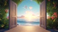Open doors leading to tropical beach paradise. Concept of escape, vacation, peaceful retreats, heavenly shorelines