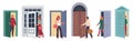 Open doors. Man leaving home, house room and woman person or office character work outside. Boy peeking out entrance