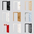 Open doors set, isolated on transparent background. Classical wooden, white, black and glass door. Vector illustration Royalty Free Stock Photo