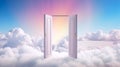 Open doors to a serene sky with fluffy white clouds. Concept of heaven, hope, dreams, positivity, new horizons, freedom Royalty Free Stock Photo