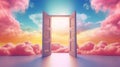 Open doors to vibrant sky with fluffy pink clouds. Concept of heaven, hope, dreams, positivity, new horizons, freedom Royalty Free Stock Photo