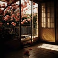 An open doorway with a beautiful view of cherry blossoms outside.