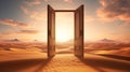 Open doorway leading to a desert sunset. Concept of freedom, travel, adventure, discovery, opportunity, new beginnings Royalty Free Stock Photo