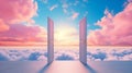 Open doorway leading to a surreal sky. Concept of heaven, hope, dreams, positivity, new horizons, freedom, the unknown Royalty Free Stock Photo