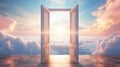 Open doorway leading to surreal sky. Concept of heaven, hope, dreams, positivity, new horizons, freedom, unknown Royalty Free Stock Photo