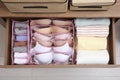 Open drawer with folded clothes and underwear indoors, top view. Vertical storage