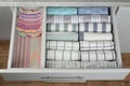 Drawer with folded towels. Order in kitchen