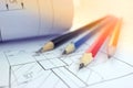 Open drawings with a pencil. Engineering and design. Construction projects Royalty Free Stock Photo