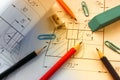 Open drawings with a pencil. Engineering and design. Royalty Free Stock Photo