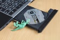 Open drive of disks in laptop, extinct type of technology, dinosaur died Royalty Free Stock Photo