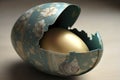 Open easter egg made of money with golden egg inside. Generative AI. Royalty Free Stock Photo