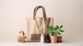 Open eco-friendly cotton reusable bag with different containers from natural wood and brown glass.Fresh natural leafs around.