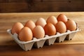 Open egg box isolated on wooden table background. ai generated