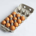 Open egg carton containing twelve brown eggs arranged in two Royalty Free Stock Photo