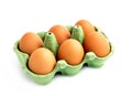 Open egg green box with brown eggs isolated on white background with clipping path. Fresh organic chicken eggs in carton pack or Royalty Free Stock Photo