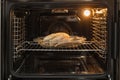 open electric oven with hot air ventilation. New oven. Door is open and light is on. Royalty Free Stock Photo