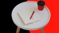 Open empty blank note paper with red pen, red cardboard cup of coffee to go on white round journal wood table isolated Royalty Free Stock Photo