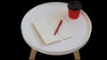 Open empty blank note paper with red pen, red cardboard cup of coffee to go on white round journal wood table isolated Royalty Free Stock Photo