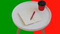 Open empty blank note paper with red pen, red cardboard cup of coffee to go on white round journal wood table isolated Royalty Free Stock Photo