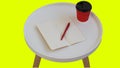 Open empty blank note paper with red pen, red cardboard cup of coffee to go on white round journal wood table isolated Royalty Free Stock Photo