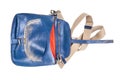 Open empty blue leather handbag with textile strap Royalty Free Stock Photo