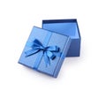 Open empty blue square gift box with shiny satin bow Royalty Free Stock Photo