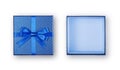 Open empty blue square gift box with shiny satin bow Royalty Free Stock Photo