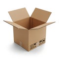 Open Brown Cardboard Shipping Box with Fragile Symbols and Tape on White Background cardboard box Royalty Free Stock Photo