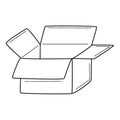 An open empty cardboard box. Delivery, gift, unpacking. Hand-drawn black and white vector illustration. Isolated on a white Royalty Free Stock Photo