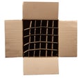 Open empty cardboard box with partitions for transporting broken items of bottles Royalty Free Stock Photo