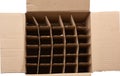 Open empty cardboard box with partitions for transporting broken items of bottles Royalty Free Stock Photo
