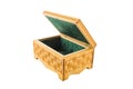 Open empty carved wooden casket, isolated