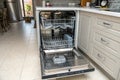 Open empty dishwasher in kitchen Royalty Free Stock Photo