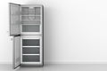 Open empty fridge in front of white wall Royalty Free Stock Photo