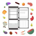 Open empty fridge with healthy food diet vector illustration